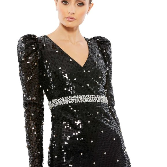 MAC DUGGAL 10736 SEQUINED FAUX WRAP PUFF SLEEVE TRUMPET BLACK GOWN sz 6 - Picture 3 of 8
